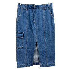 Forever 21 Women Long Denim Skirt Cargo Pocket Front Slit Zip Blue Wash Sz L*